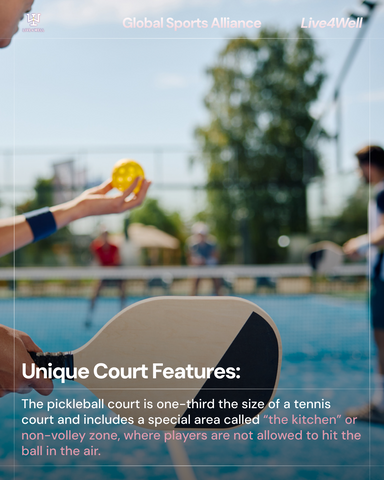Unique Court Features: The pickleball court is one-third the size of a tennis court and includes a special area called “the kitchen” or non-volley zone, where players are not allowed to hit the ball in the air